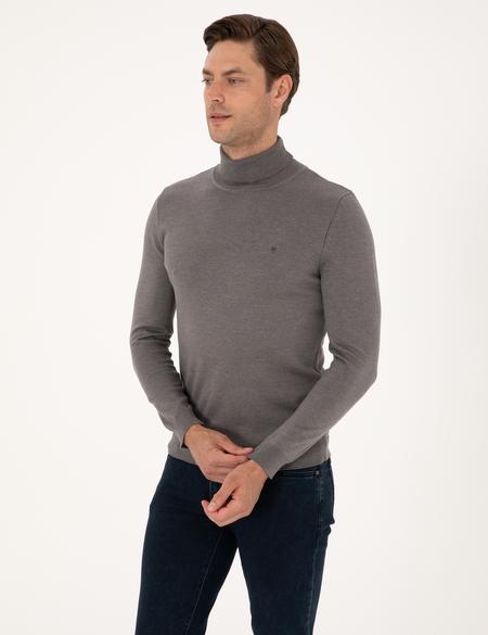 Gri Melanj Slim Fit Balıkçı Yaka Basic Triko Kazak - 50314202115