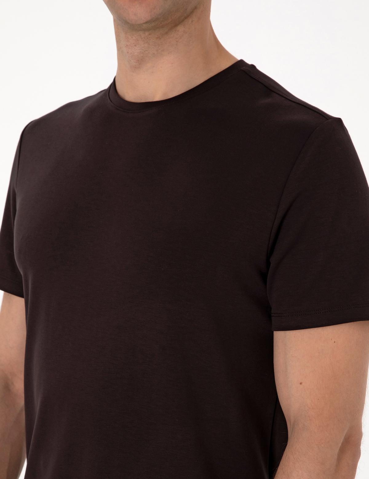 Kahverengi Regular Fit Kalın Dokulu Bisiklet Yaka Basic Tişört - 50308037023