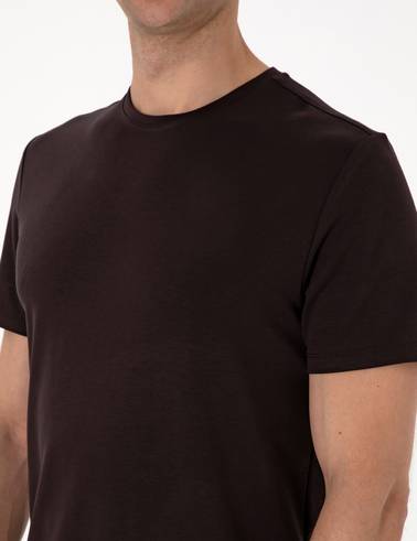 Kahverengi Regular Fit Kalın Dokulu Bisiklet Yaka Basic Tişört