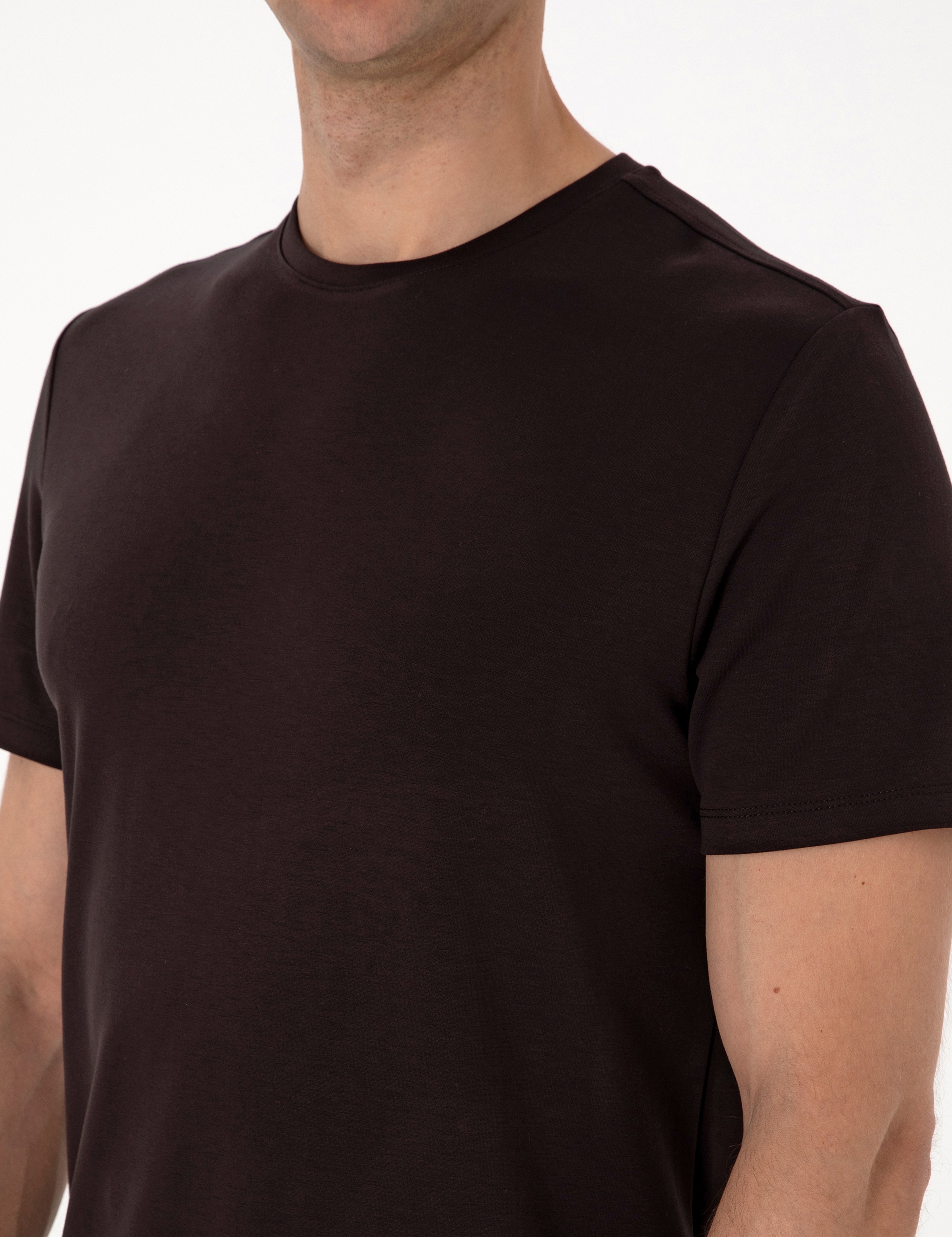 Kahverengi Regular Fit Kalın Dokulu Bisiklet Yaka Basic Tişört - Image 7