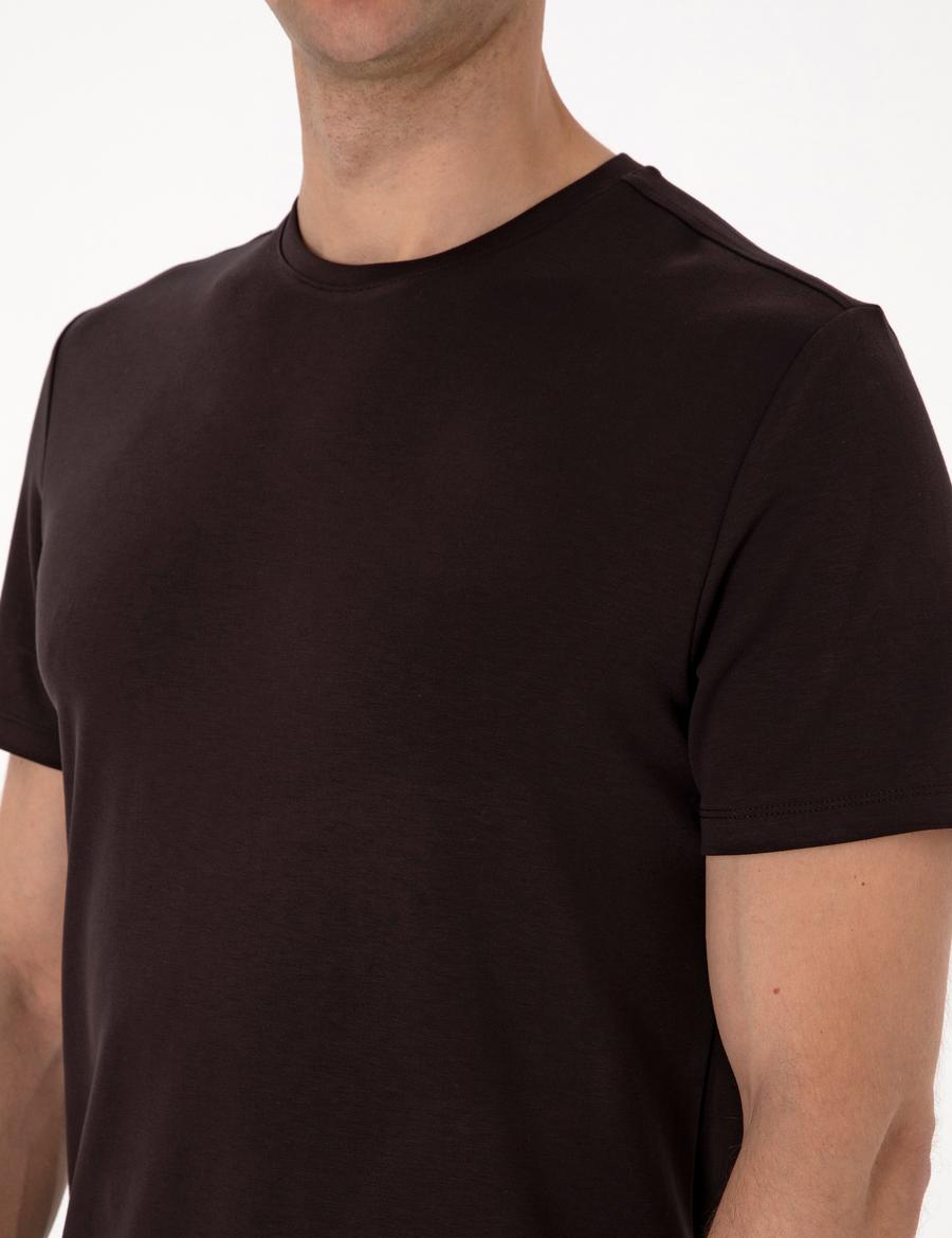 Kahverengi Regular Fit Kalın Dokulu Bisiklet Yaka Basic Tişört