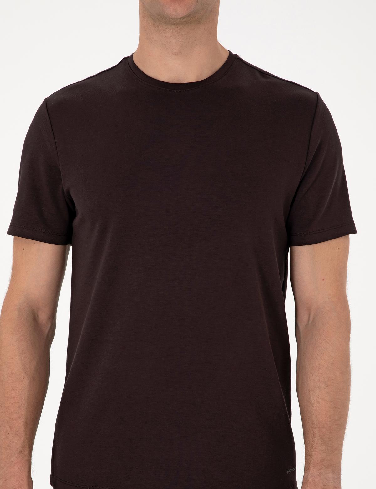 Kahverengi Regular Fit Kalın Dokulu Bisiklet Yaka Basic Tişört - 50308037023