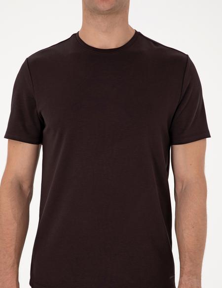 Kahverengi Regular Fit Kalın Dokulu Bisiklet Yaka Basic Tişört - 50308037023