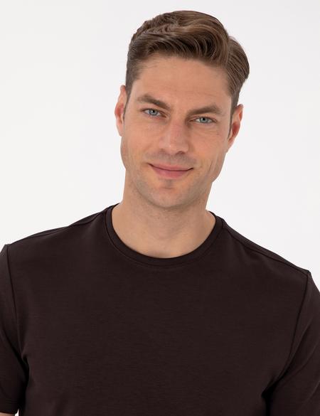 Kahverengi Regular Fit Kalın Dokulu Bisiklet Yaka Basic Tişört - 50308037023