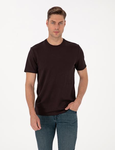 Kahverengi Regular Fit Kalın Dokulu Bisiklet Yaka Basic Tişört - 50308037023