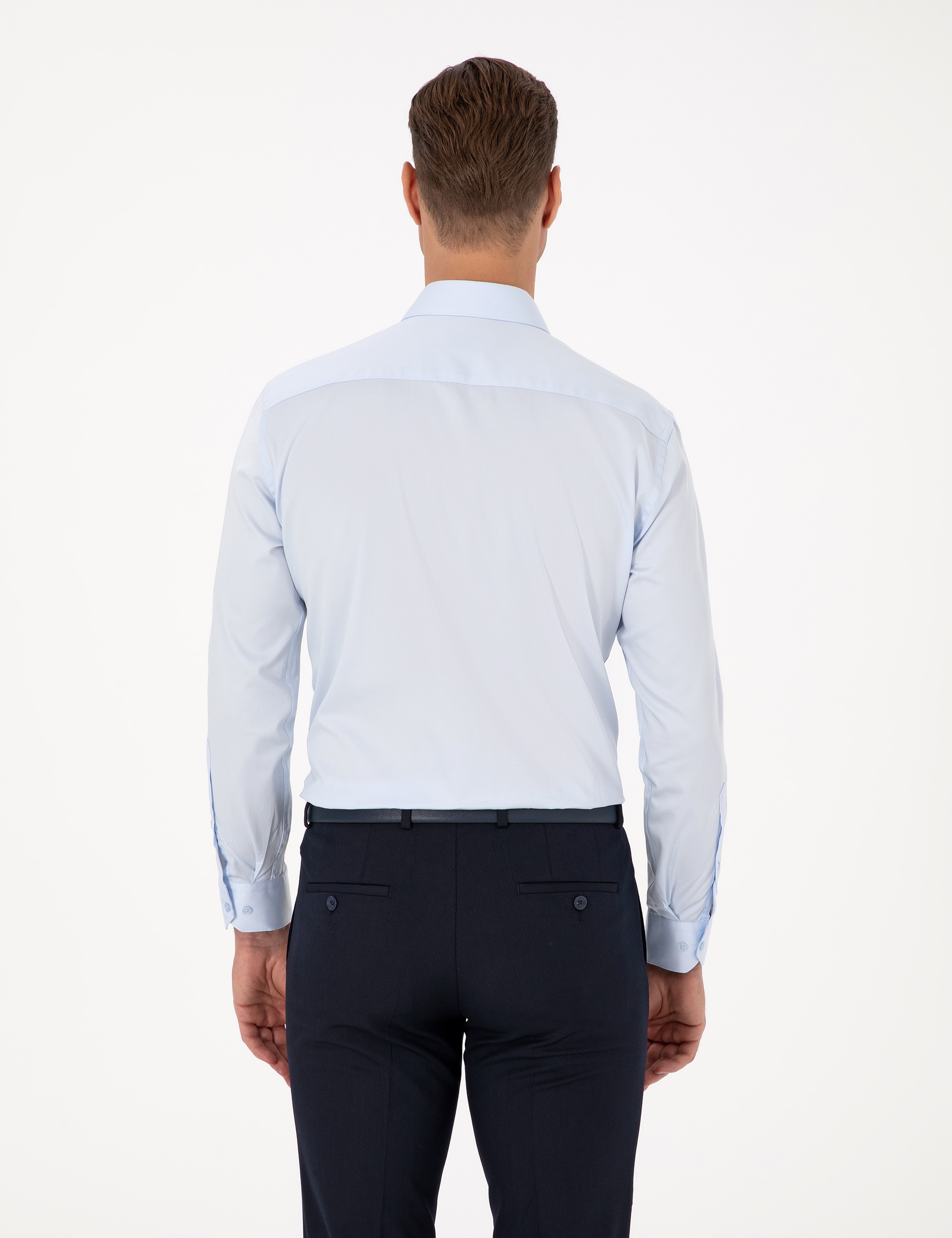 Açık Mavi %100 Pamuk Parlak Saten Regular Fit Uzun Kollu Basic Gömlek - Image 5