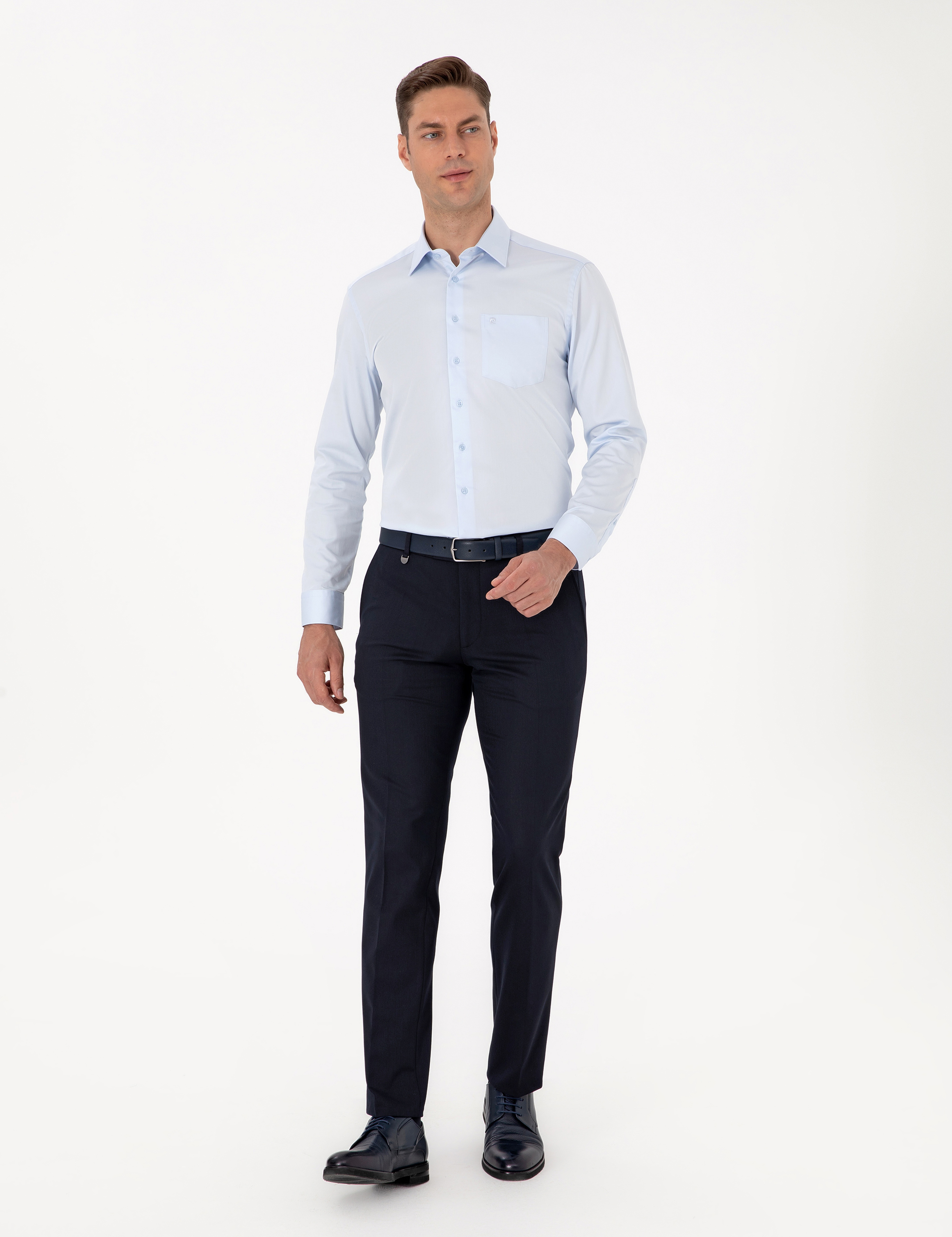 Açık Mavi %100 Pamuk Parlak Saten Regular Fit Uzun Kollu Basic Gömlek - Image 4