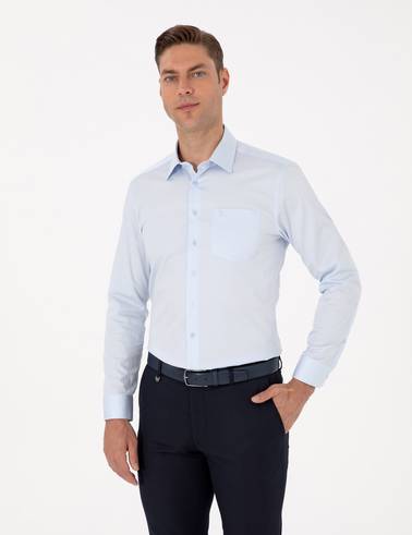 Açık Mavi %100 Pamuk Parlak Saten Regular Fit Uzun Kollu Basic Gömlek