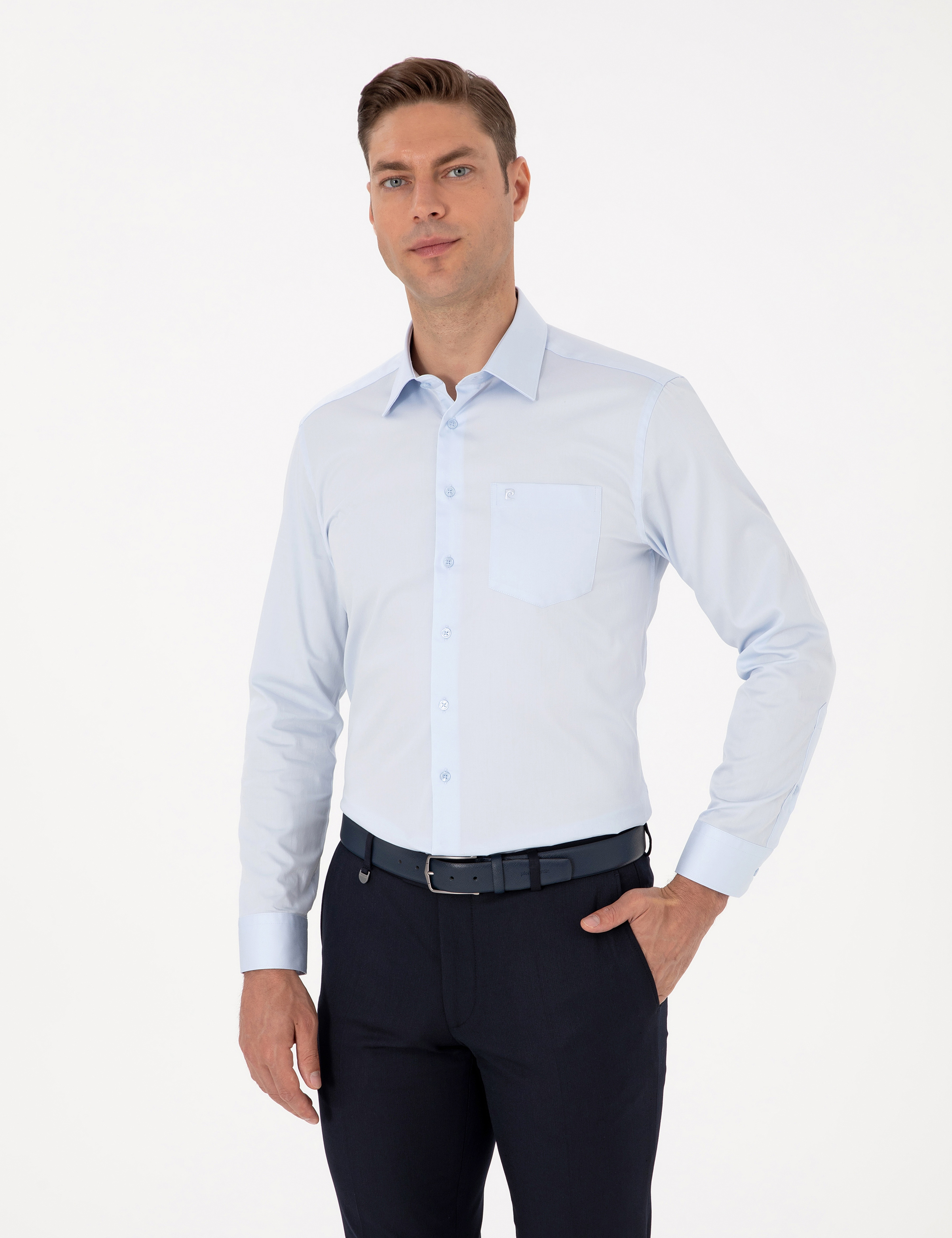Açık Mavi %100 Pamuk Parlak Saten Regular Fit Uzun Kollu Basic Gömlek - Image 1