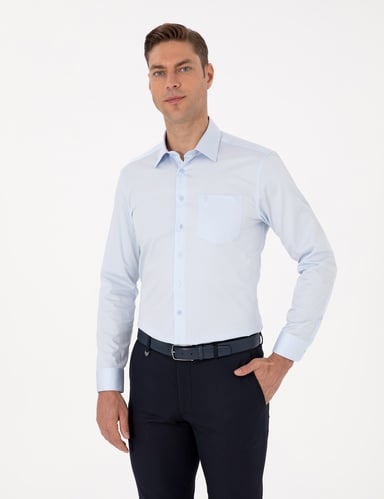 Açık Mavi %100 Pamuk Parlak Saten Regular Fit Uzun Kollu Basic Gömlek