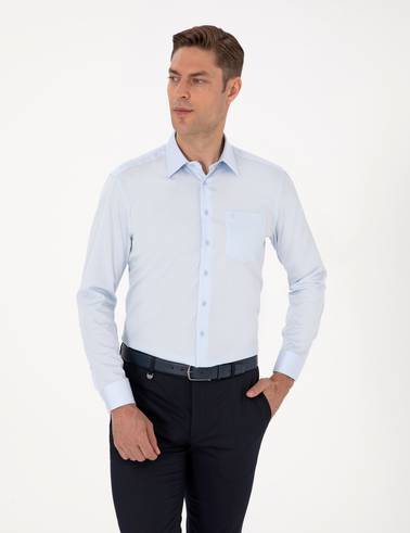 Açık Mavi %100 Pamuk Parlak Saten Regular Fit Uzun Kollu Basic Gömlek