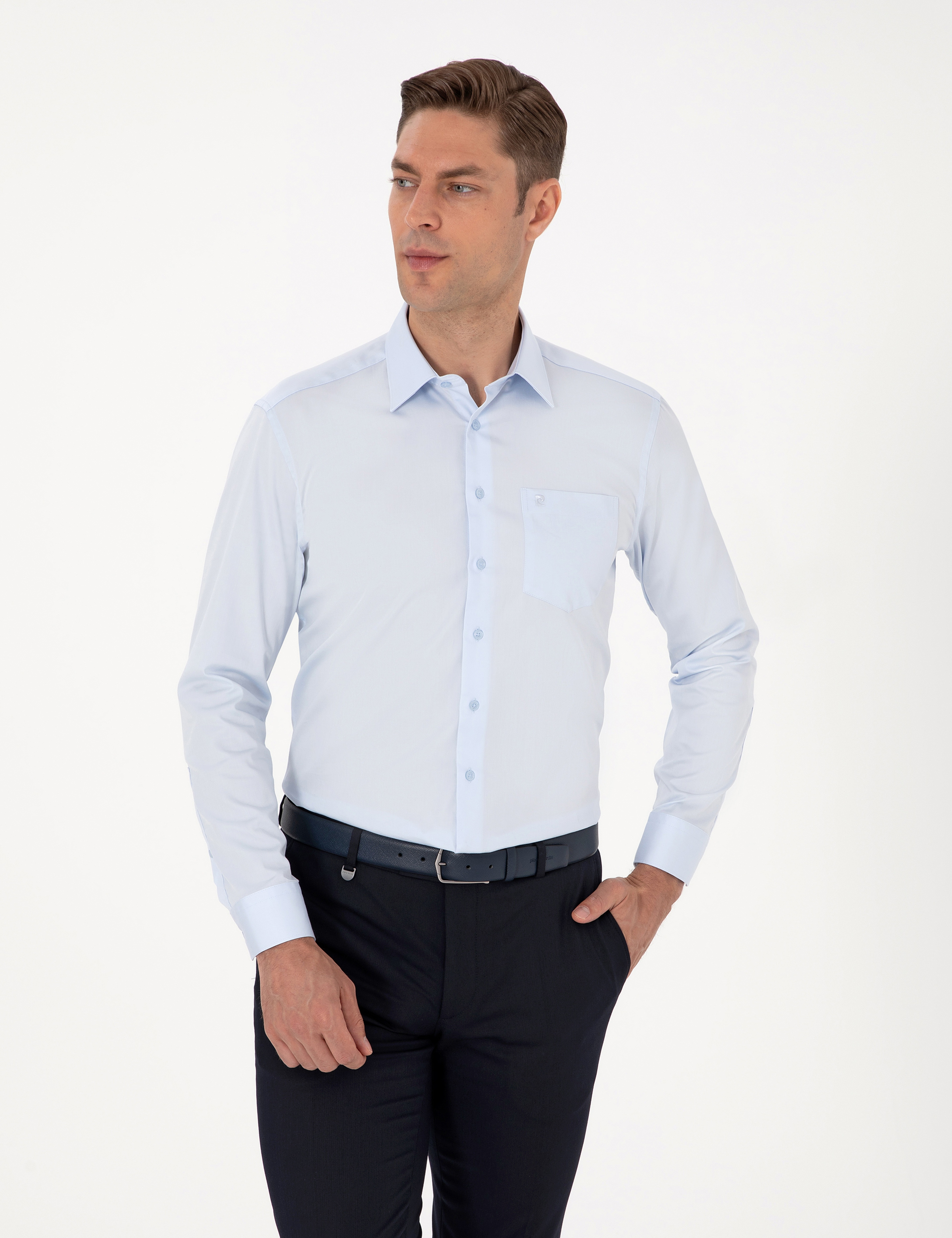 Açık Mavi %100 Pamuk Parlak Saten Regular Fit Uzun Kollu Basic Gömlek - Image 3
