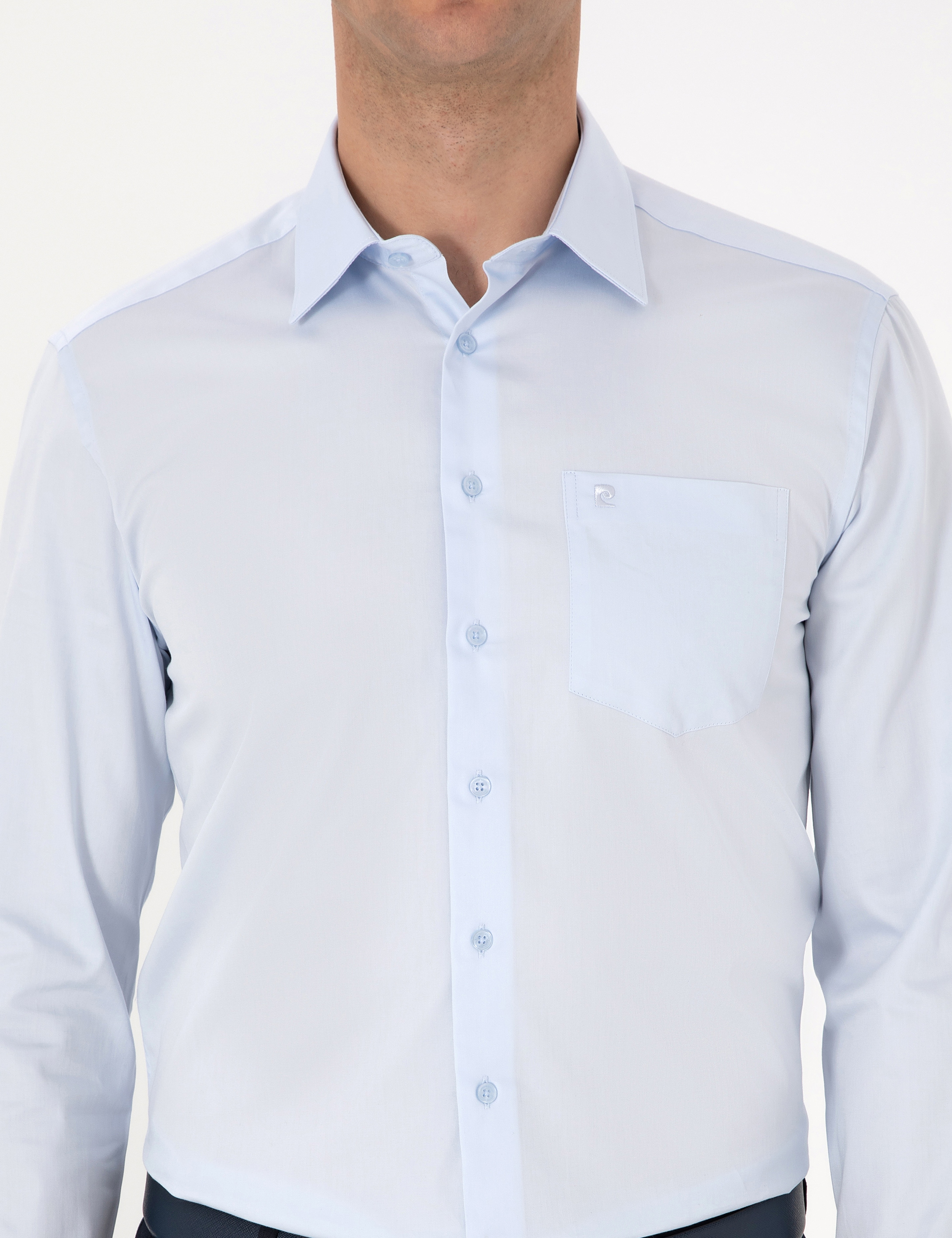 Açık Mavi %100 Pamuk Parlak Saten Regular Fit Uzun Kollu Basic Gömlek - Image 6
