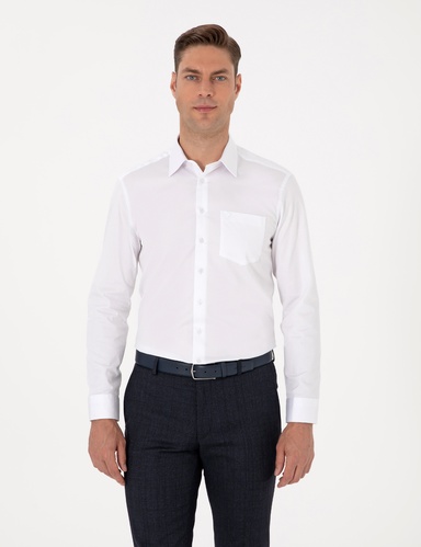 Beyaz %100 Pamuk Parlak Saten Regular Fit Uzun Kollu Basic Gömlek
