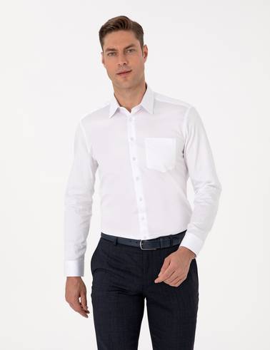 Beyaz %100 Pamuk Parlak Saten Regular Fit Uzun Kollu Basic Gömlek
