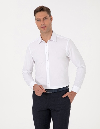 Beyaz Regular Fit Armürlü Uzun Kollu Gömlek