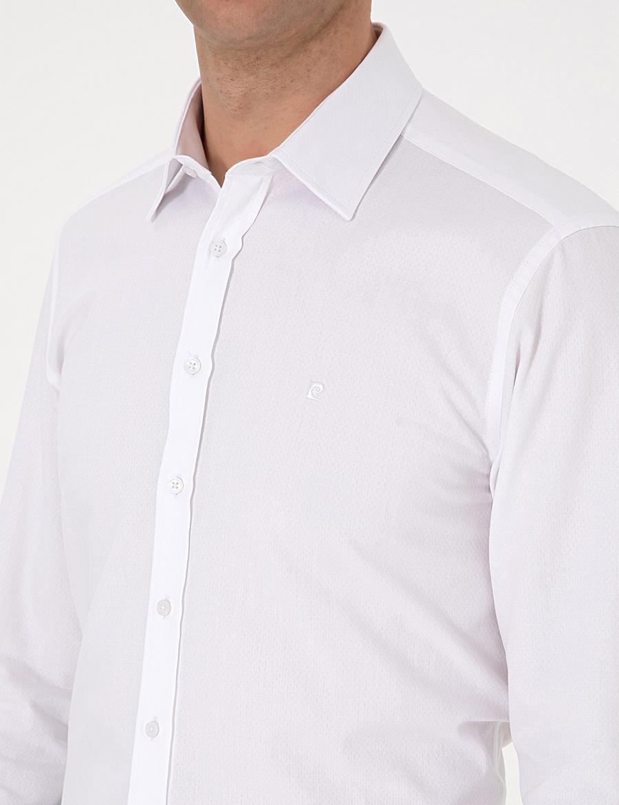 Beyaz Regular Fit Armürlü Uzun Kollu Gömlek