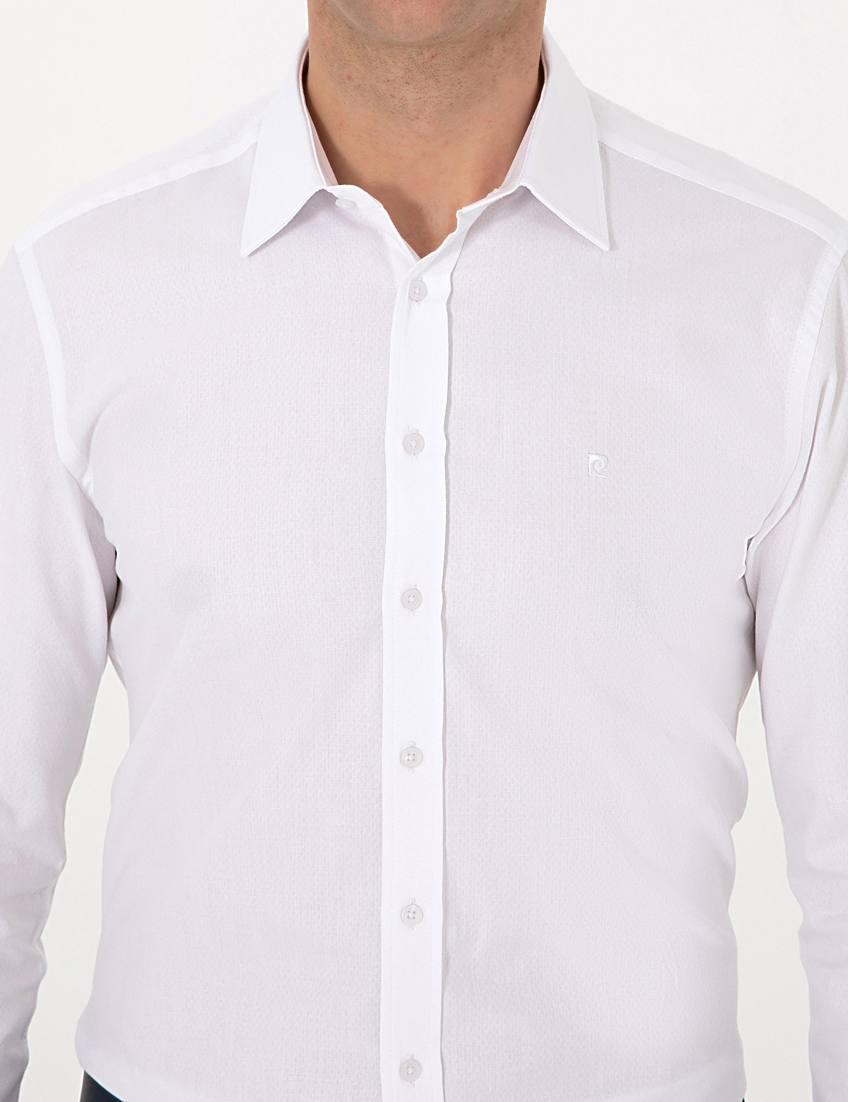 Beyaz Regular Fit Armürlü Uzun Kollu Gömlek