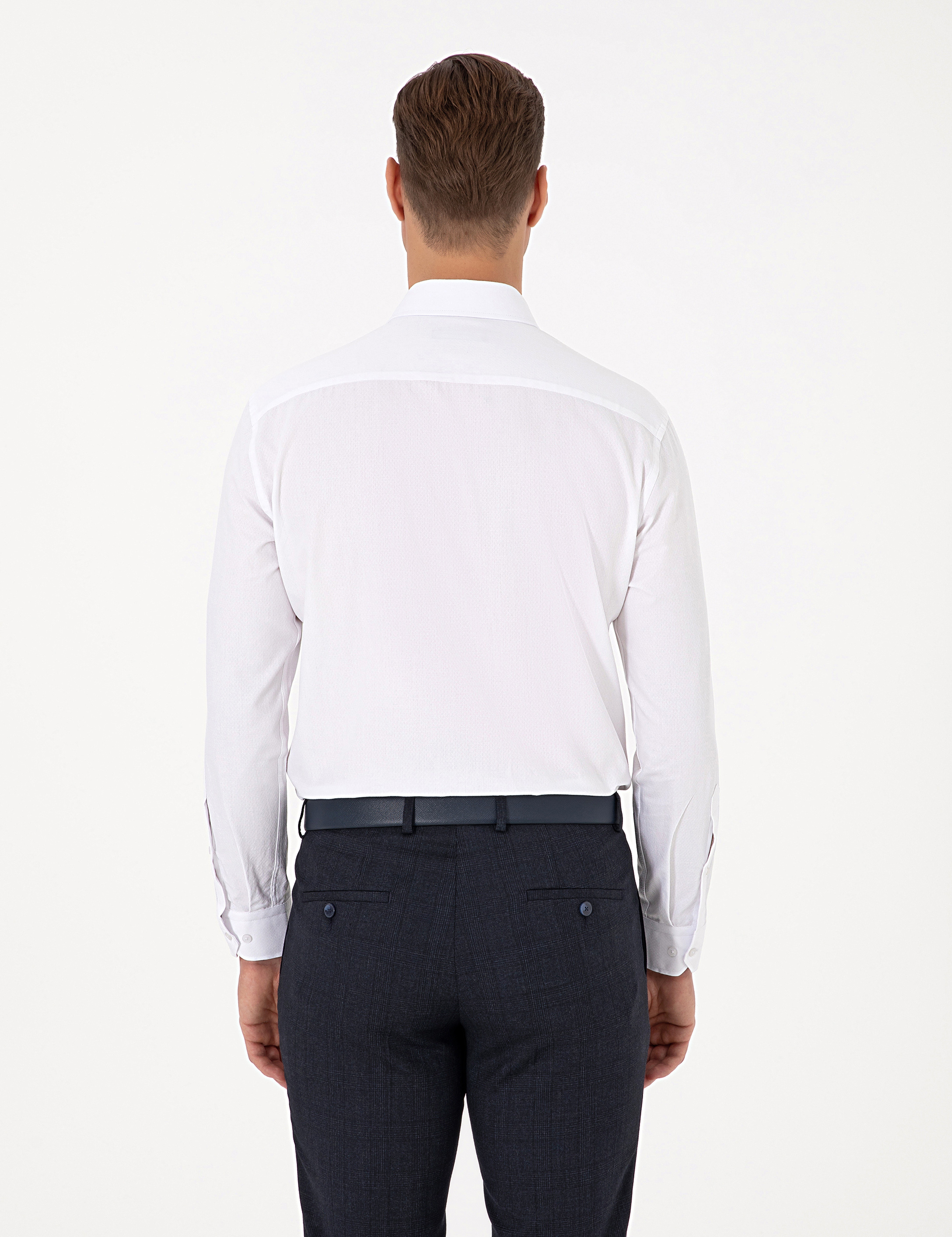 Beyaz Regular Fit Armürlü Uzun Kollu Gömlek - Image 5