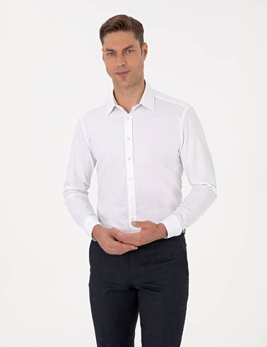 Beyaz Regular Fit Armürlü Uzun Kollu Gömlek