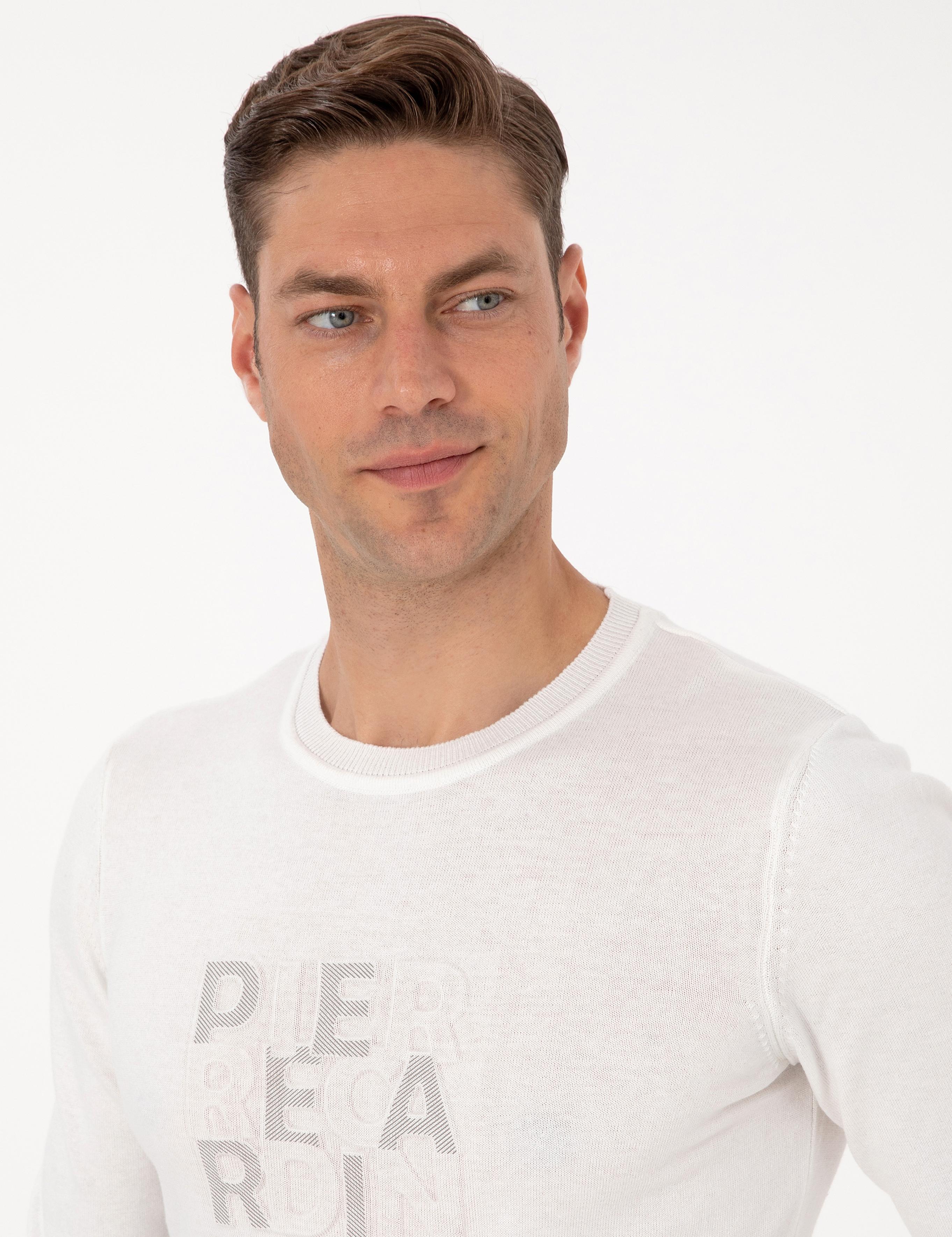 Ekru Slim Fit Bisiklet Yaka Triko Kazak