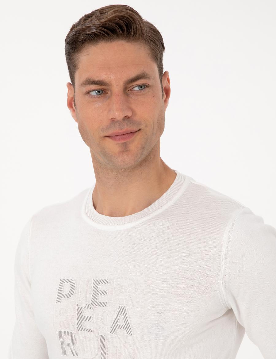 Ekru Slim Fit Bisiklet Yaka Triko Kazak