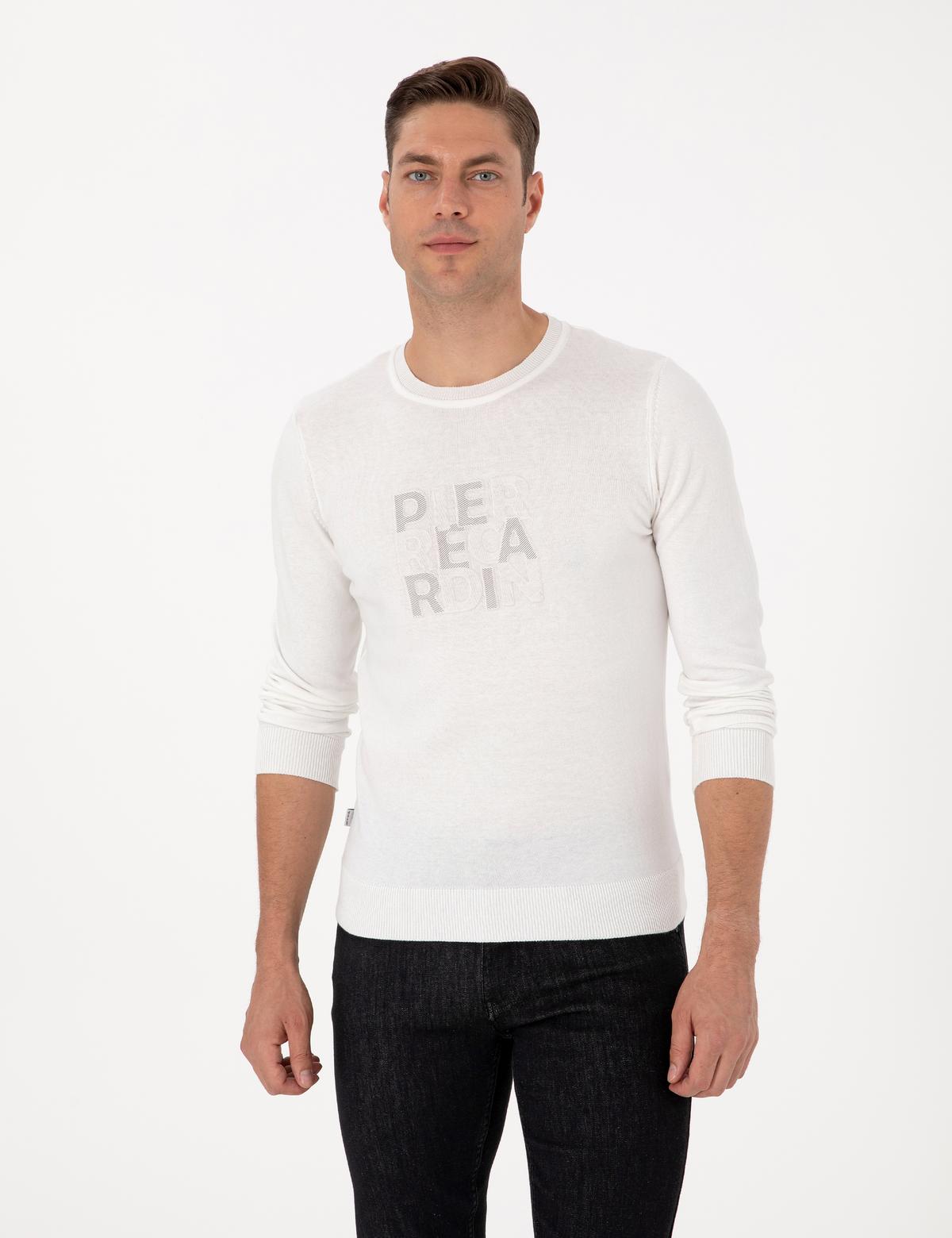 Ekru Slim Fit Bisiklet Yaka Triko Kazak