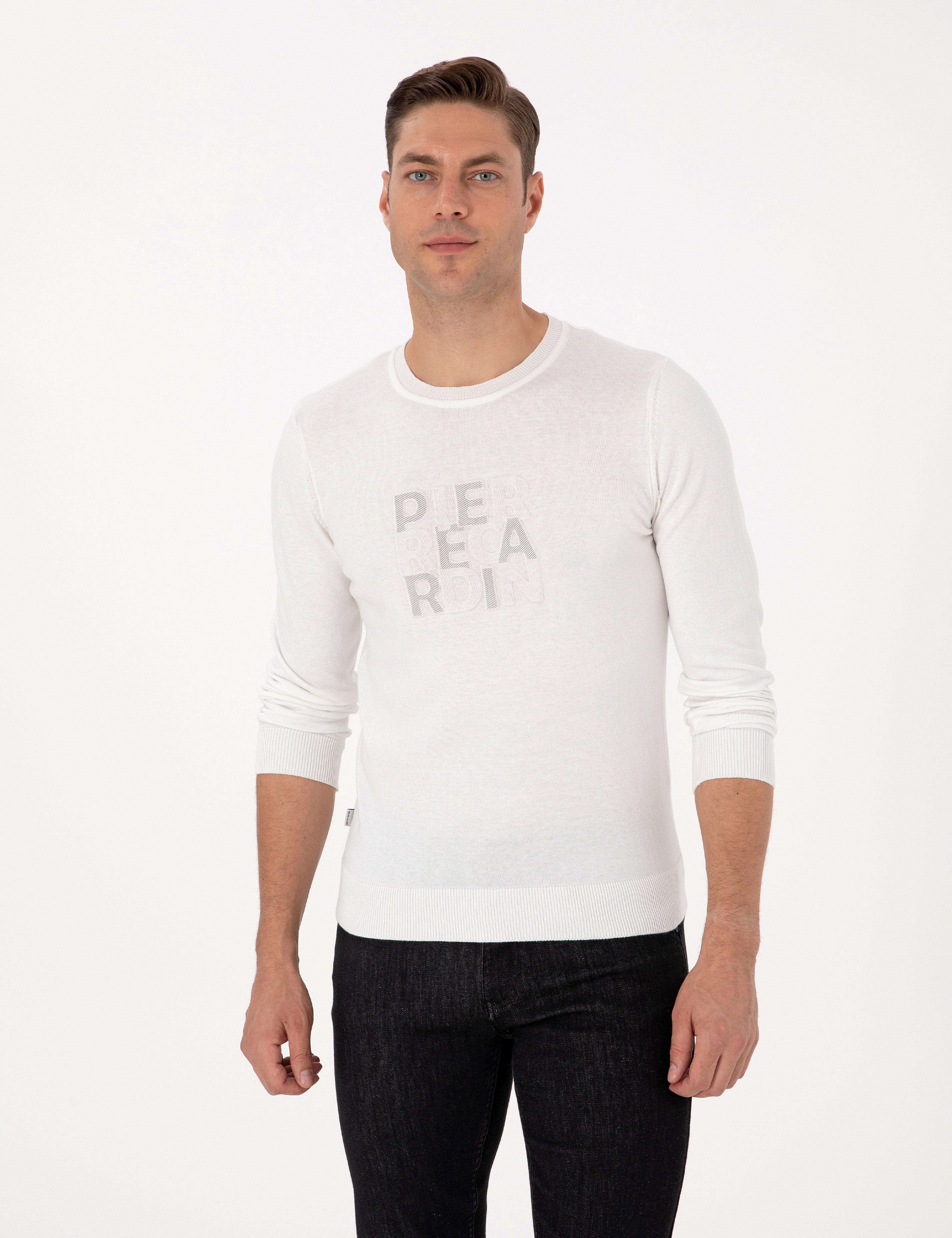Ekru Slim Fit Bisiklet Yaka Triko Kazak