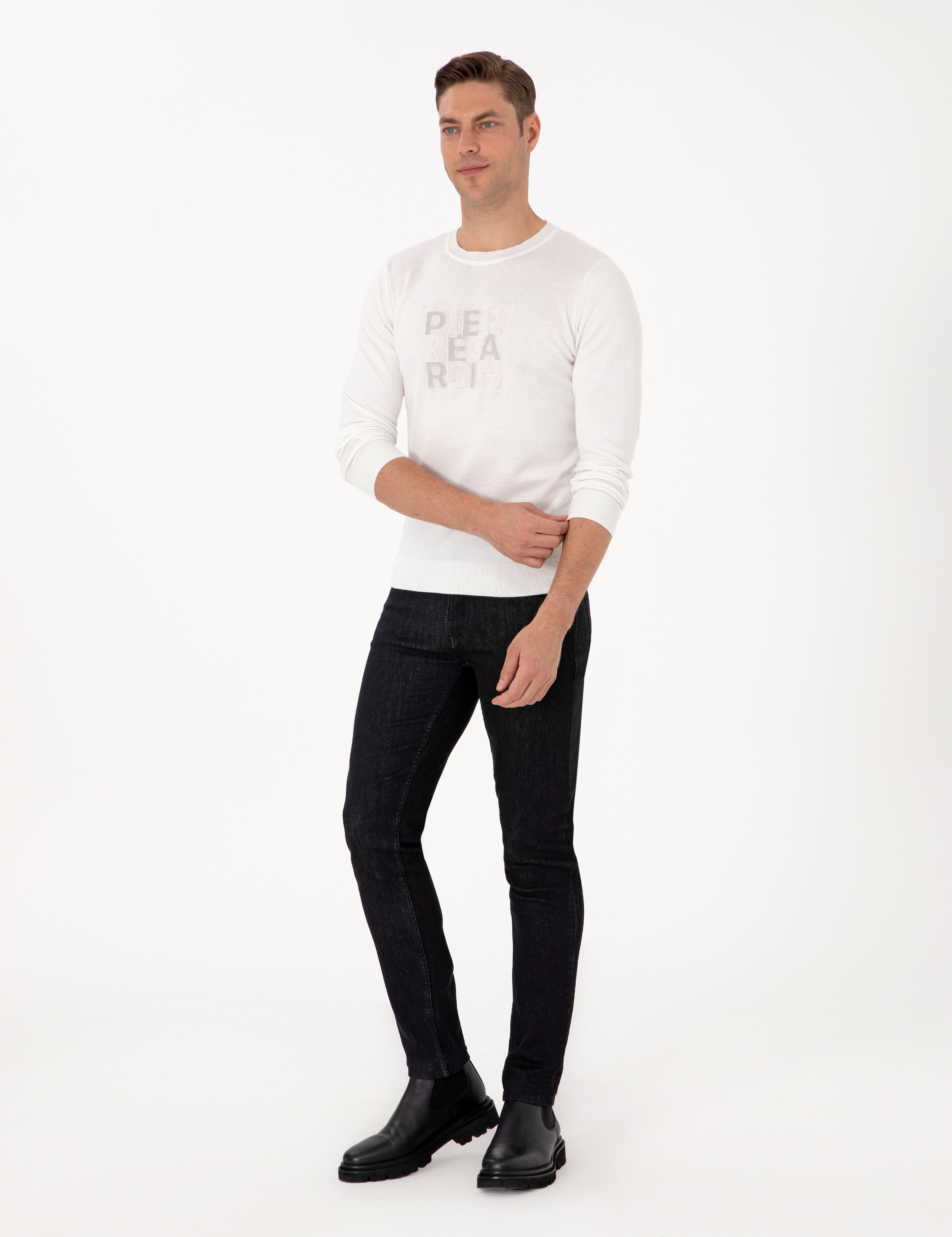 Ekru Slim Fit Bisiklet Yaka Triko Kazak - Image 4