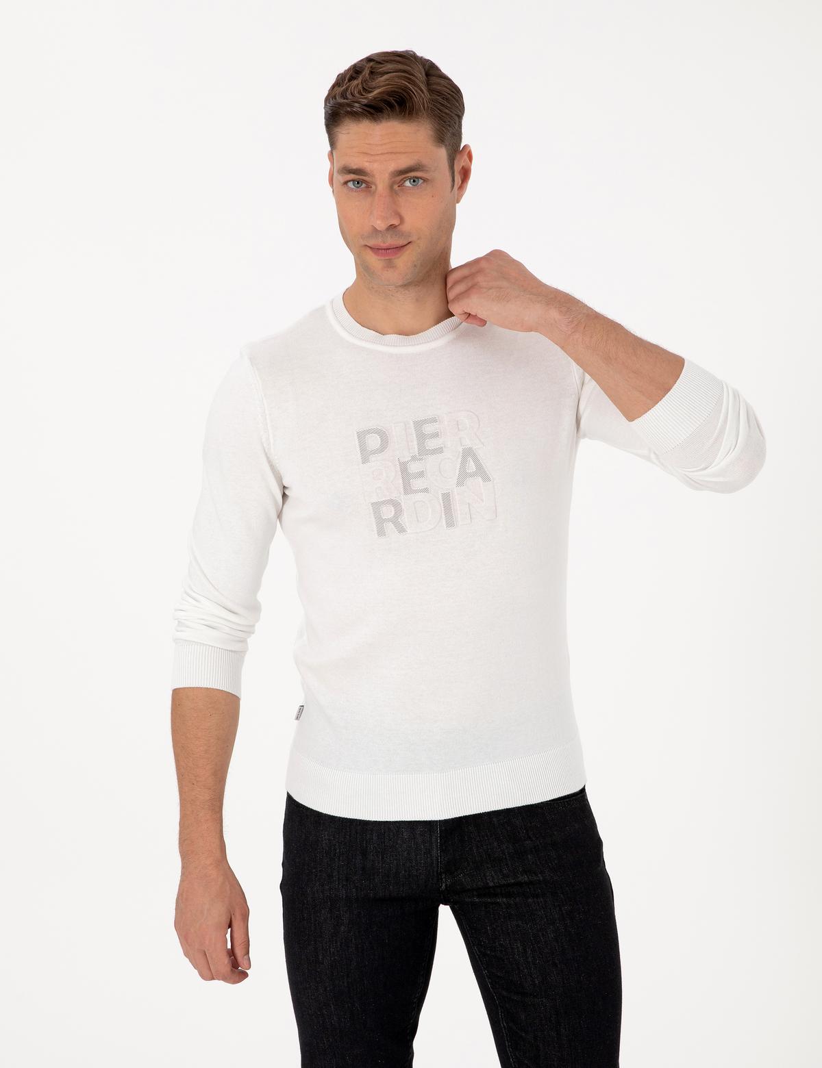 Ekru Slim Fit Bisiklet Yaka Triko Kazak - 50315737011