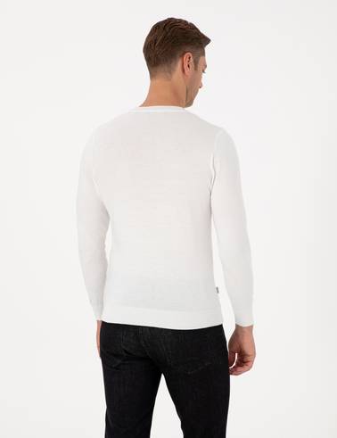 Ekru Slim Fit Bisiklet Yaka Triko Kazak