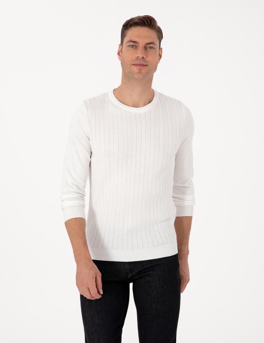 Ekru Slim Fit Bisiklet Yaka Triko Kazak