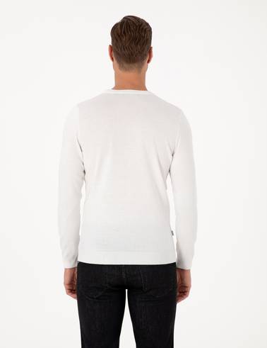 Ekru Slim Fit Bisiklet Yaka Triko Kazak