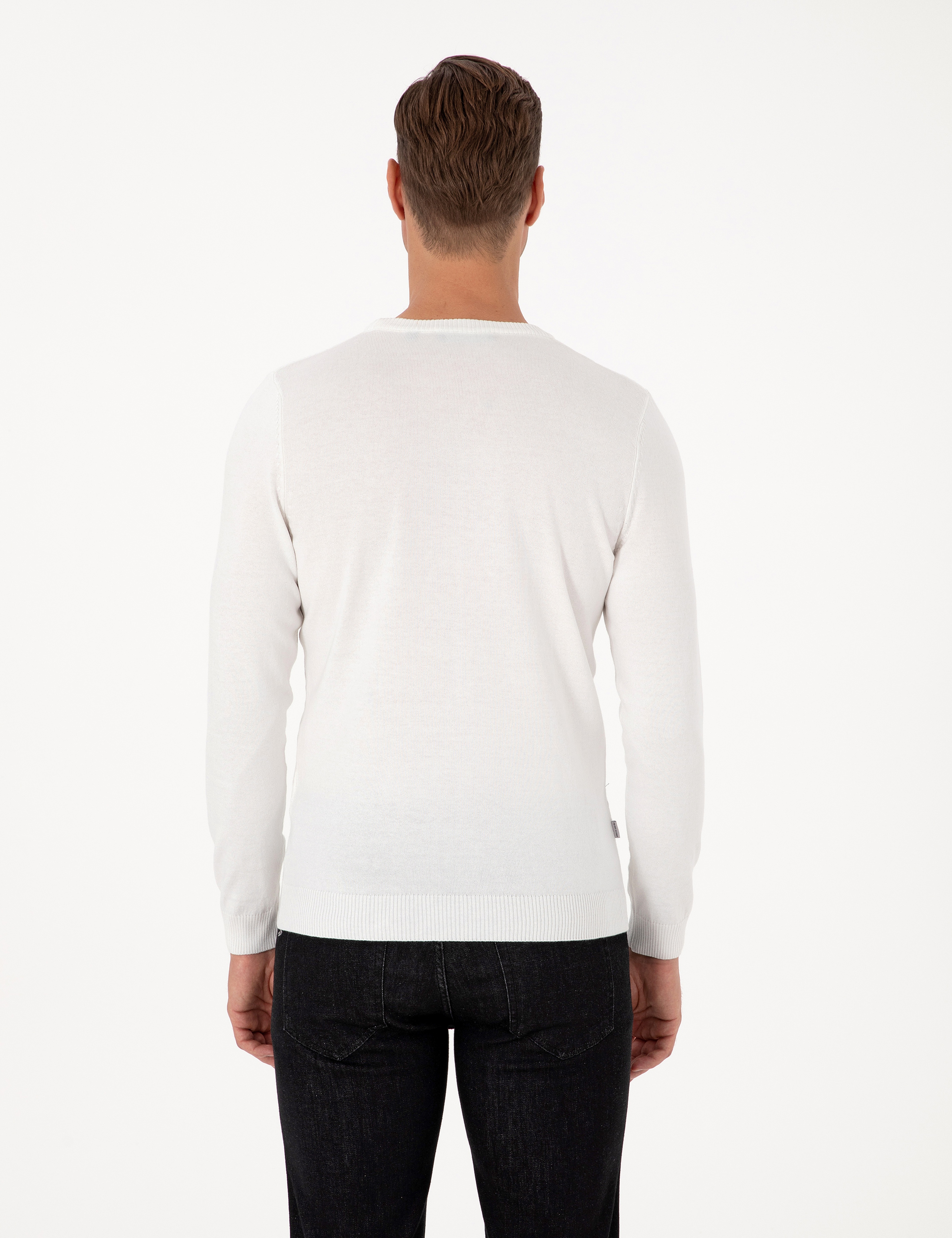 Ekru Slim Fit Bisiklet Yaka Triko Kazak - Image 5