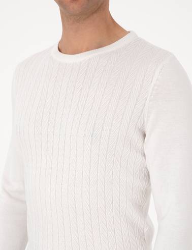 Ekru Slim Fit Bisiklet Yaka Triko Kazak