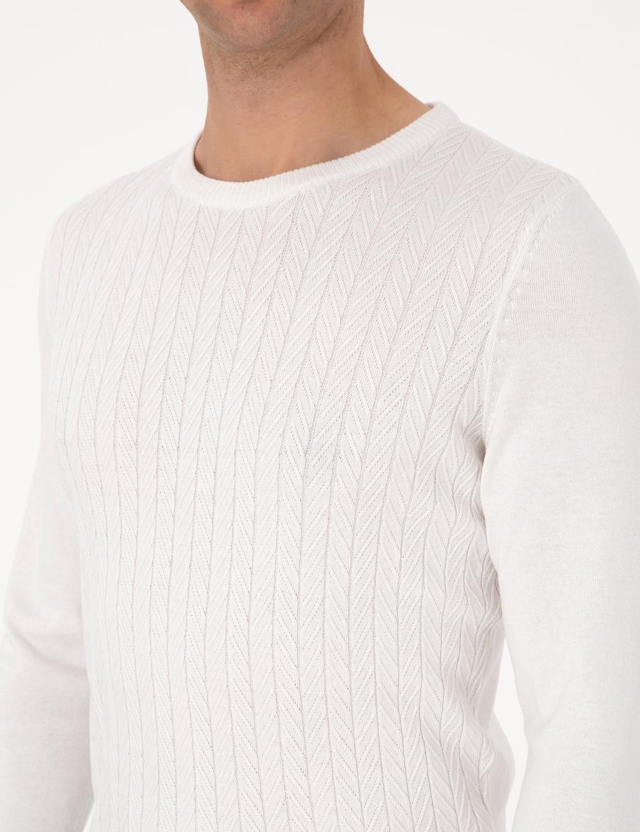 Ekru Slim Fit Bisiklet Yaka Triko Kazak