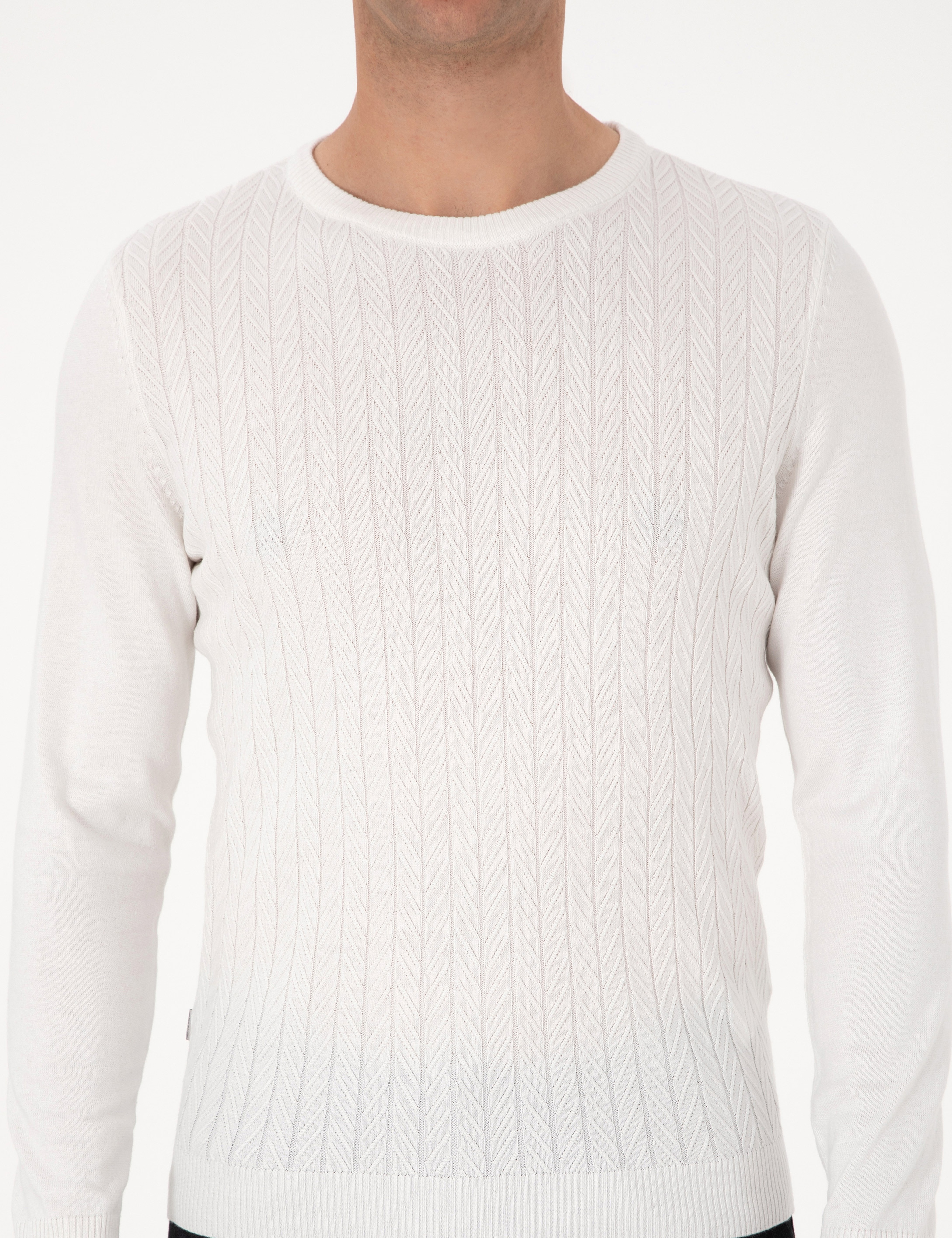 Ekru Slim Fit Bisiklet Yaka Triko Kazak