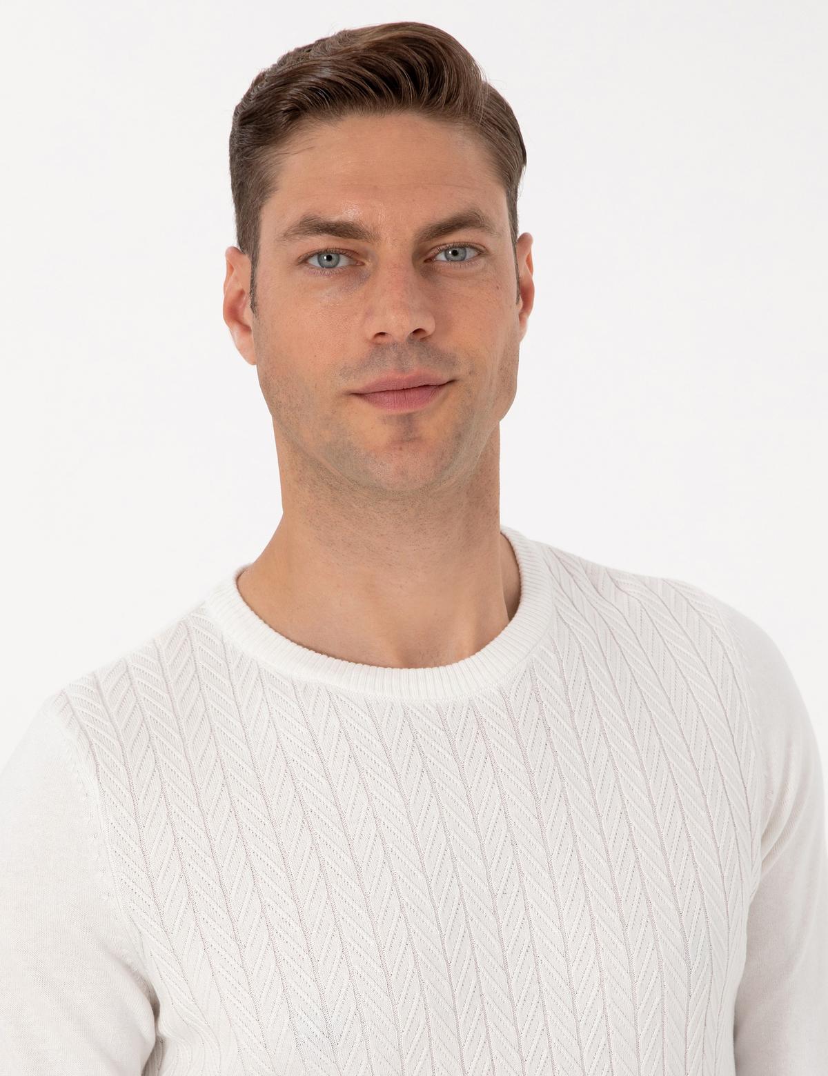 Ekru Slim Fit Bisiklet Yaka Triko Kazak - 50315717008