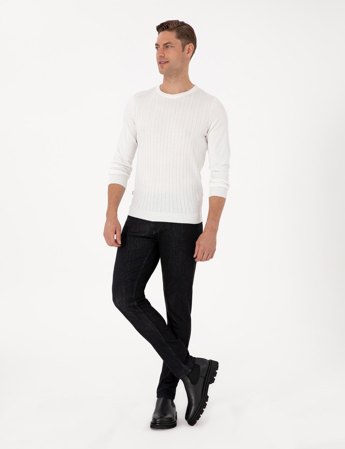 Ekru Slim Fit Bisiklet Yaka Triko Kazak - 50315717008