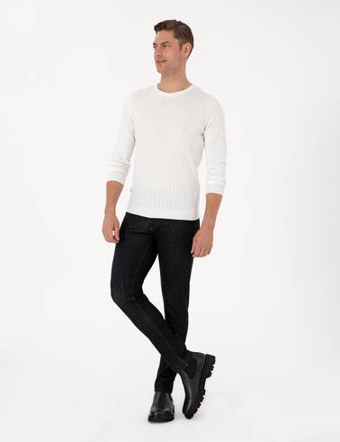 Ekru Slim Fit Bisiklet Yaka Triko Kazak