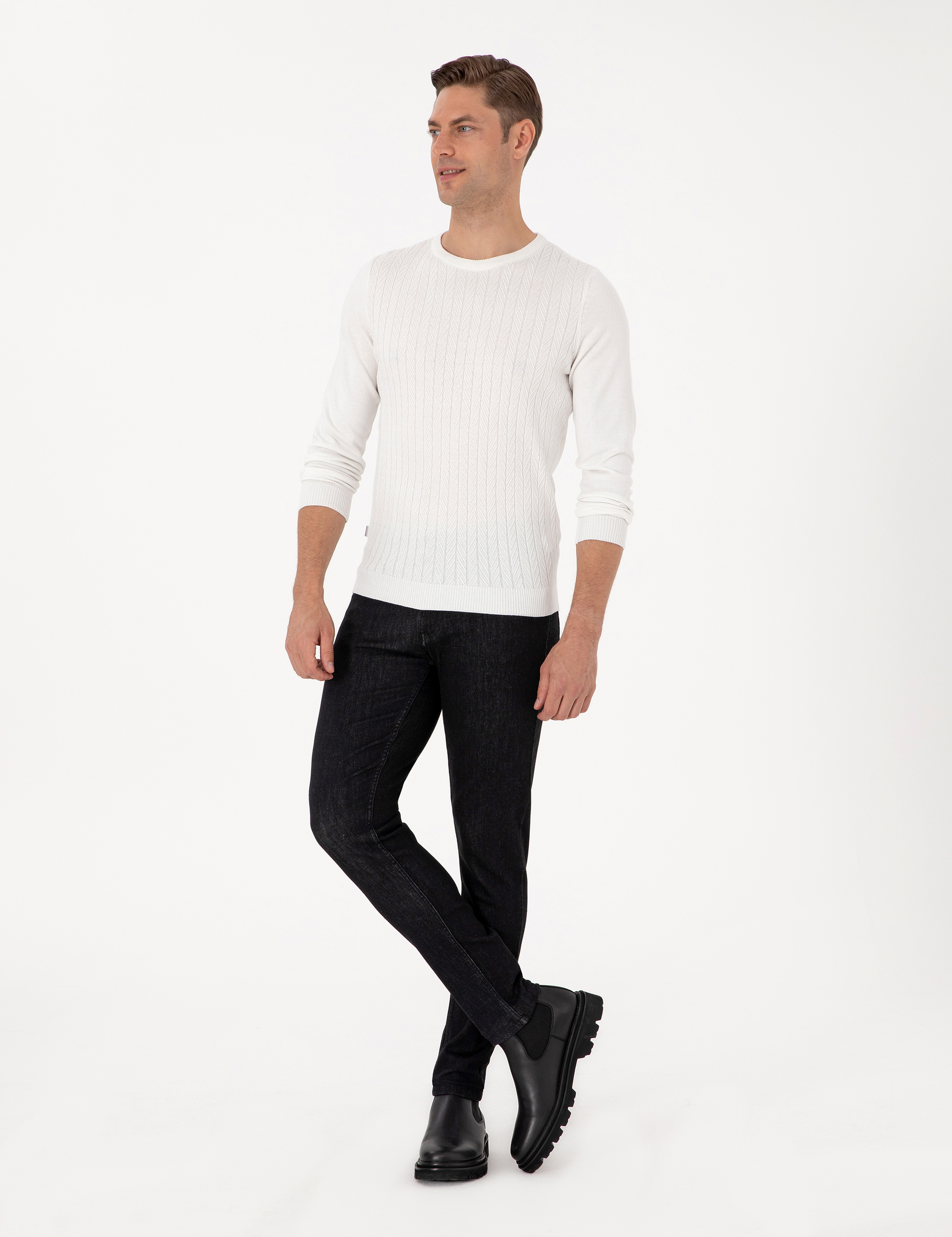 Ekru Slim Fit Bisiklet Yaka Triko Kazak - Image 4