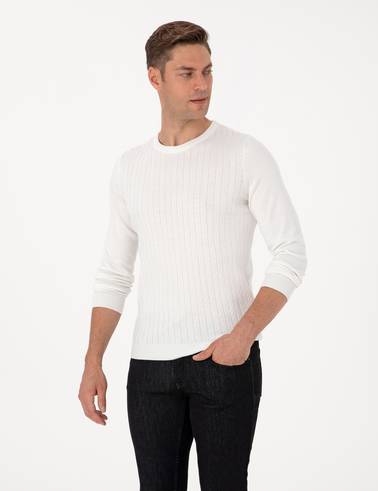 Ekru Slim Fit Bisiklet Yaka Triko Kazak