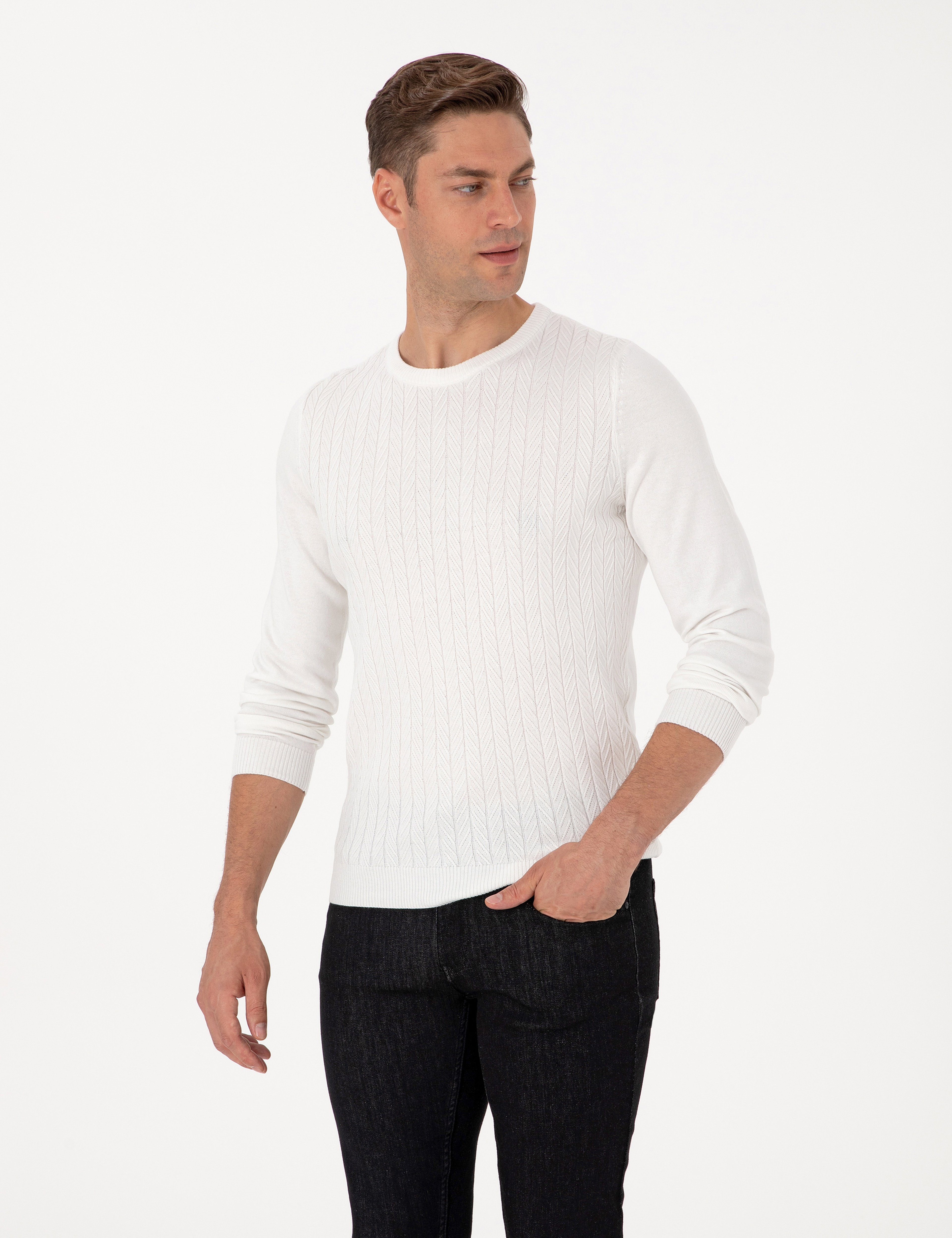 Ekru Slim Fit Bisiklet Yaka Triko Kazak - Image 3