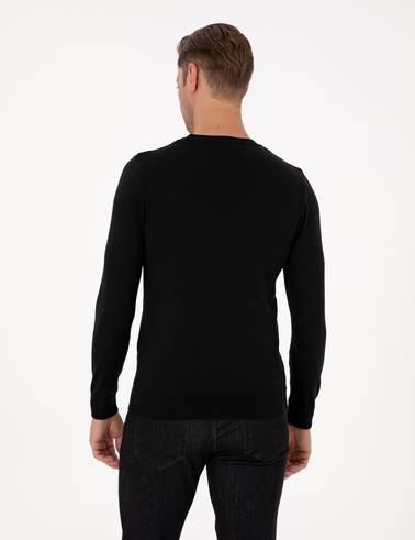 Siyah Slim Fit Bisiklet Yaka Triko Kazak