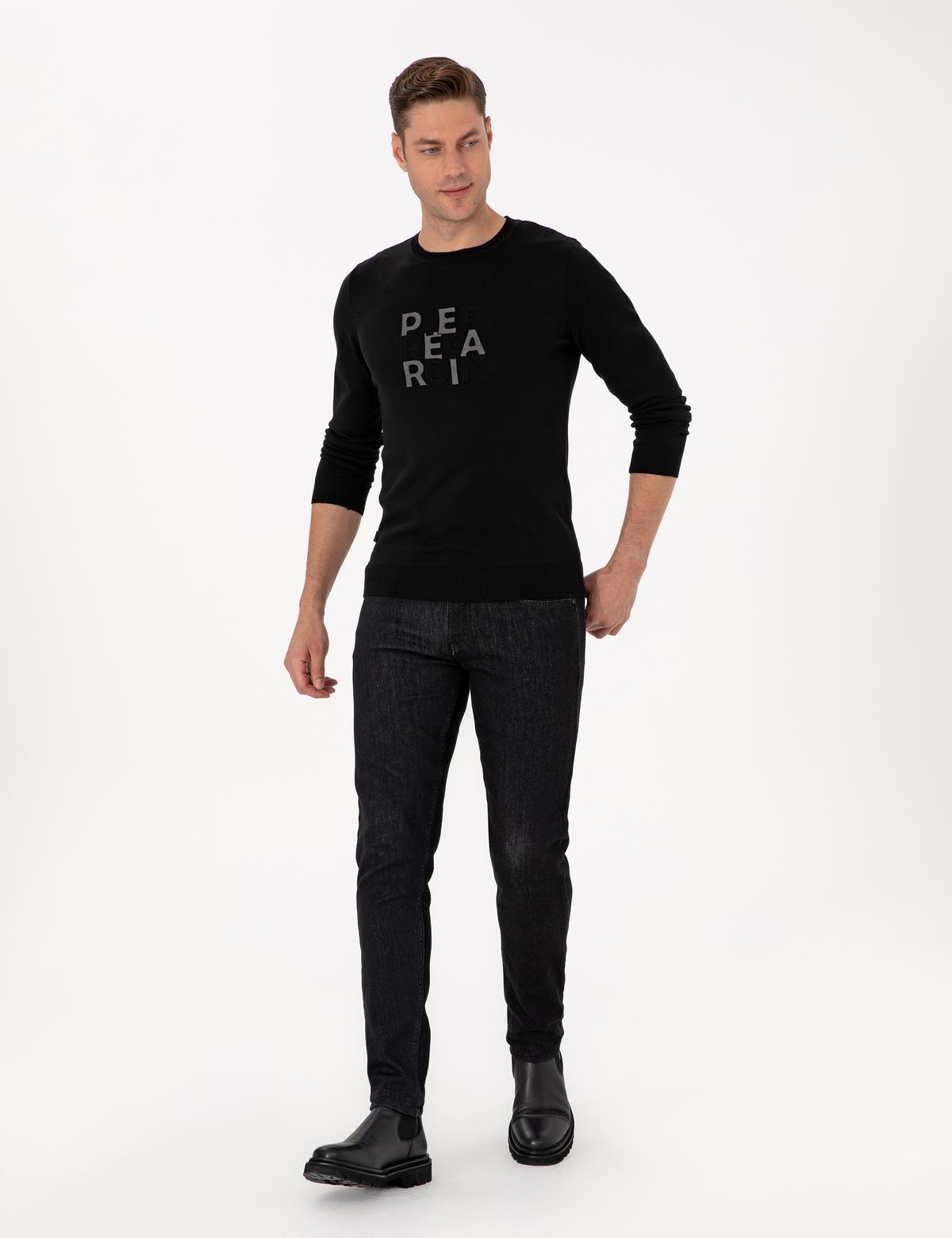 Siyah Slim Fit Bisiklet Yaka Triko Kazak - 50315737009