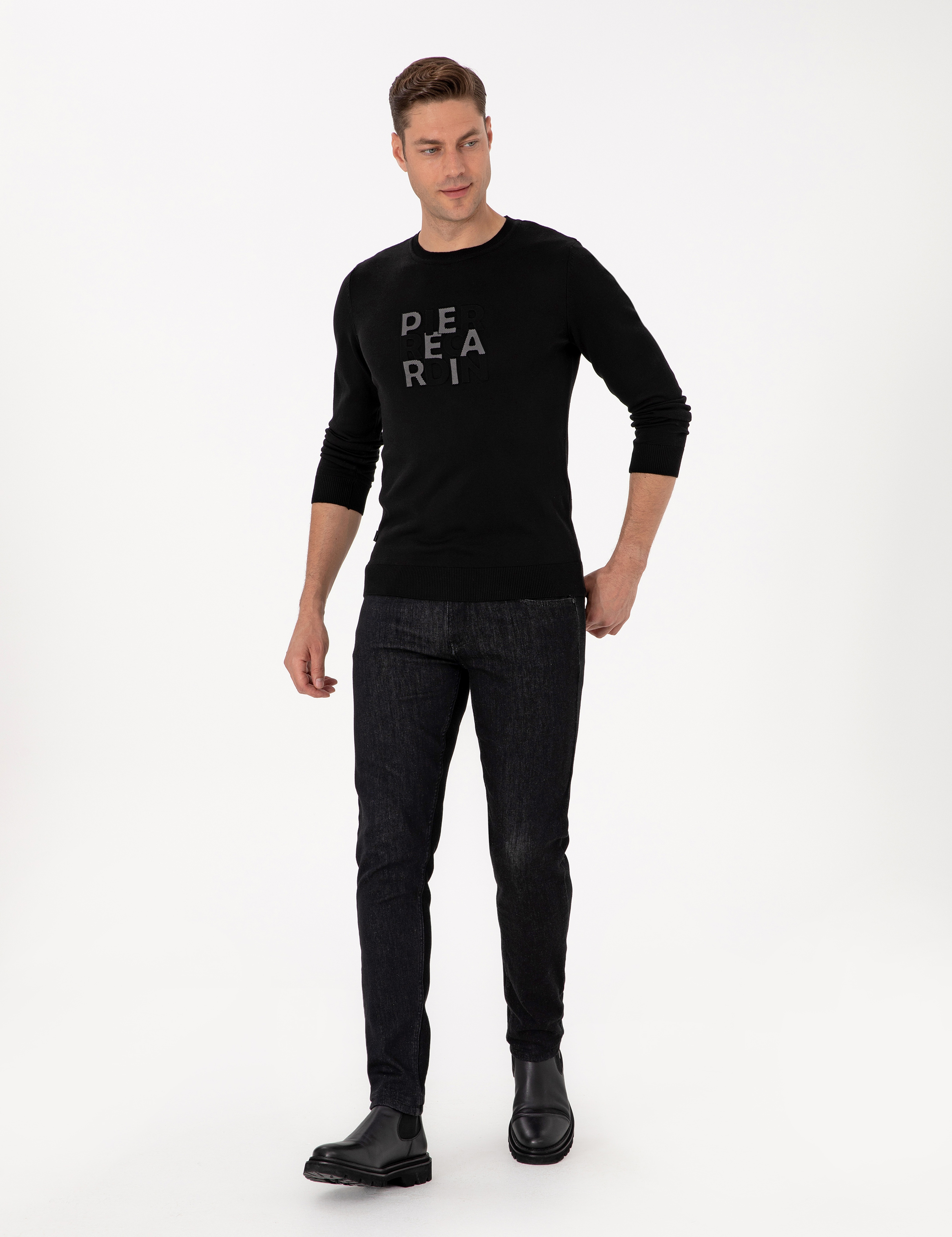 Siyah Slim Fit Bisiklet Yaka Triko Kazak - Image 4