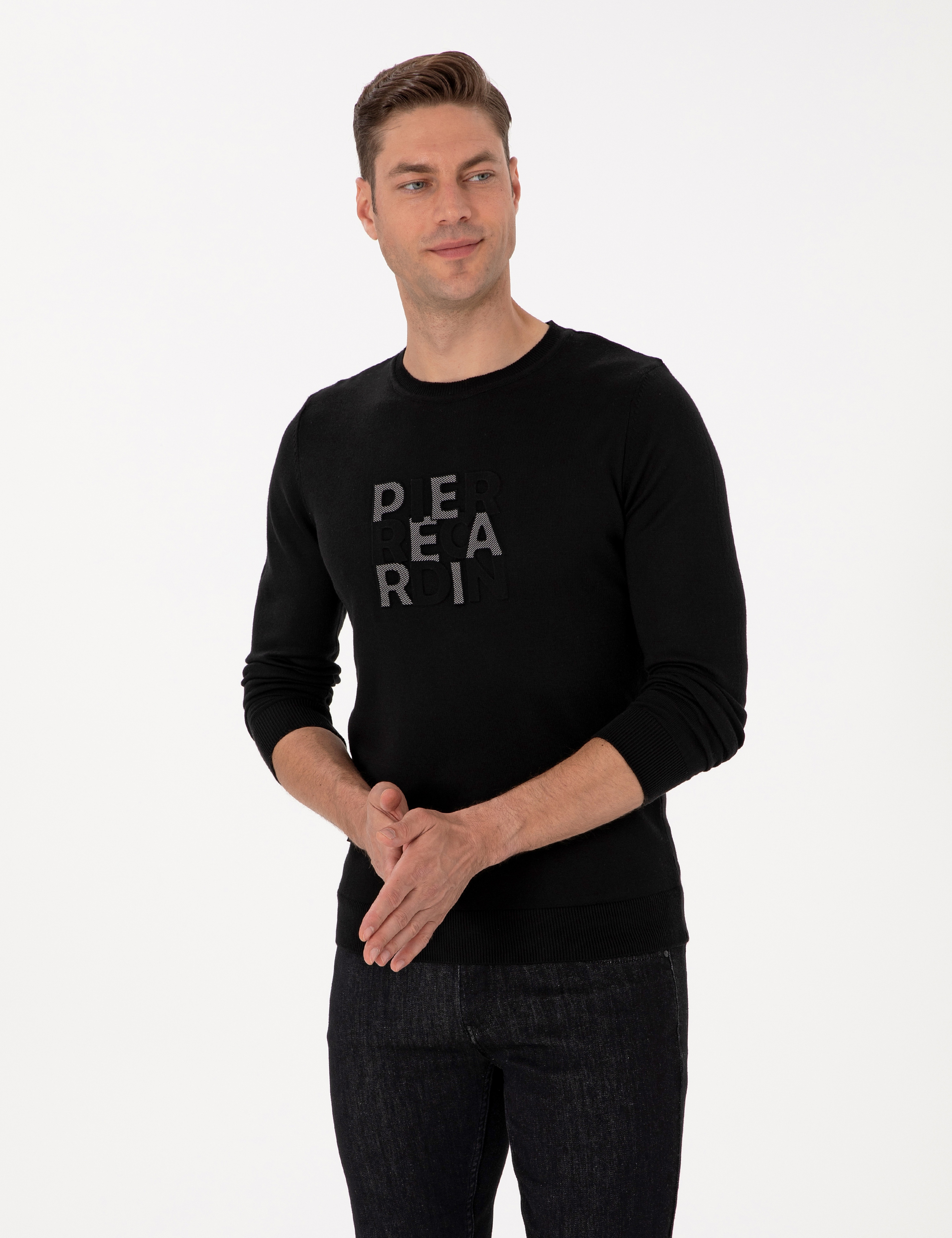 Siyah Slim Fit Bisiklet Yaka Triko Kazak - Image 3