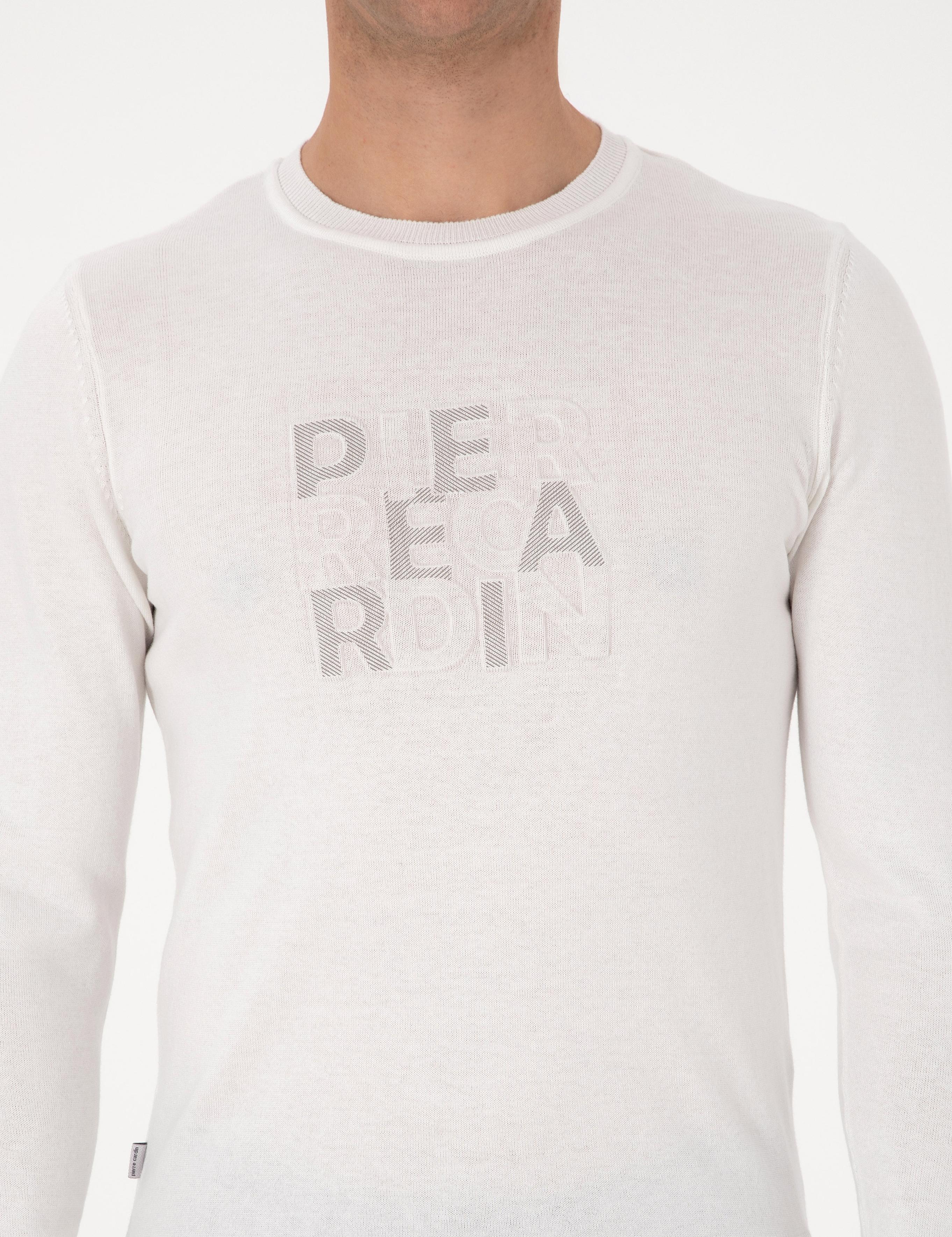 Ekru Slim Fit Bisiklet Yaka Triko Kazak