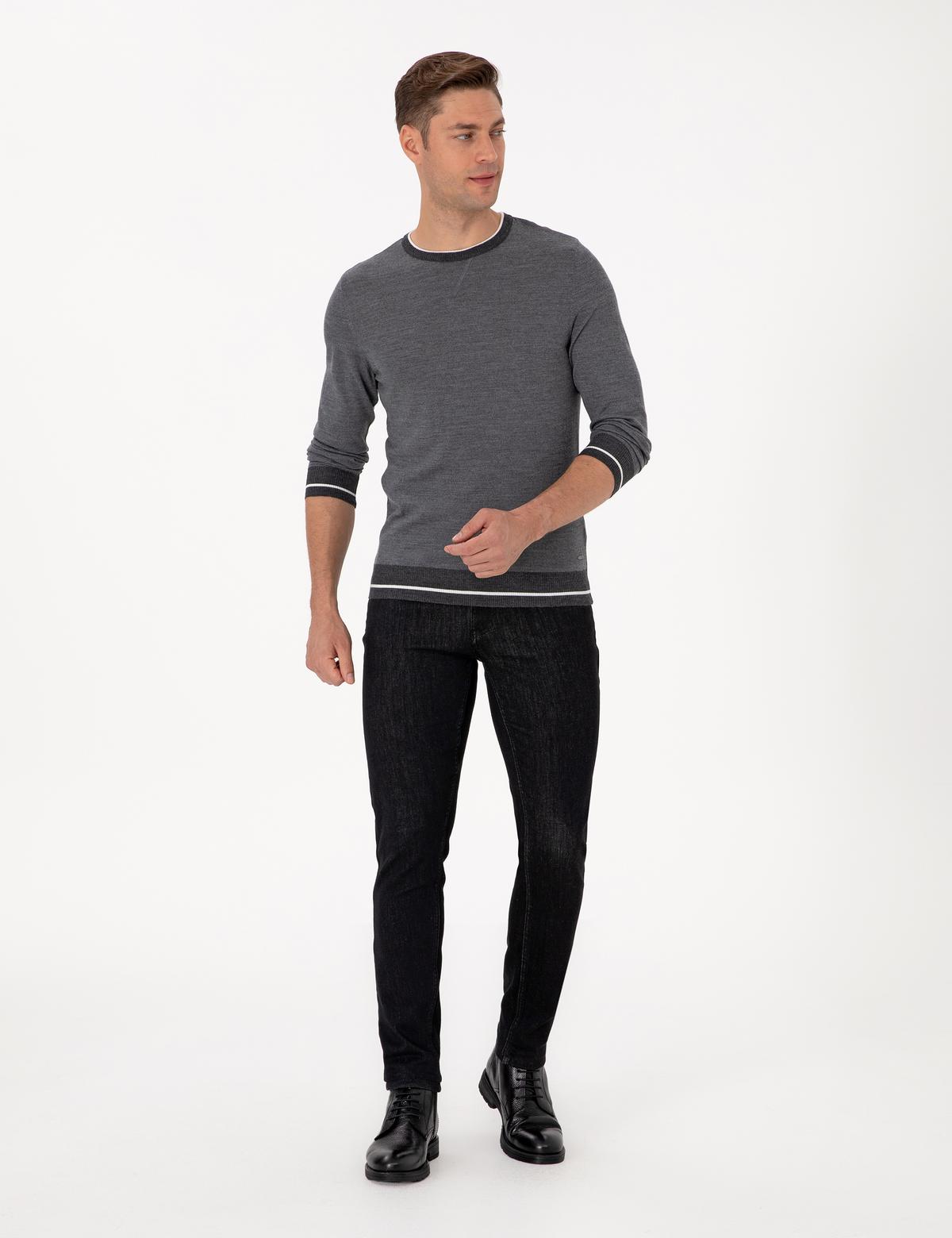 Açık Gri Melanj Slim Fit Bisiklet Yaka Yün Karışımlı Triko Kazak - 50315712001