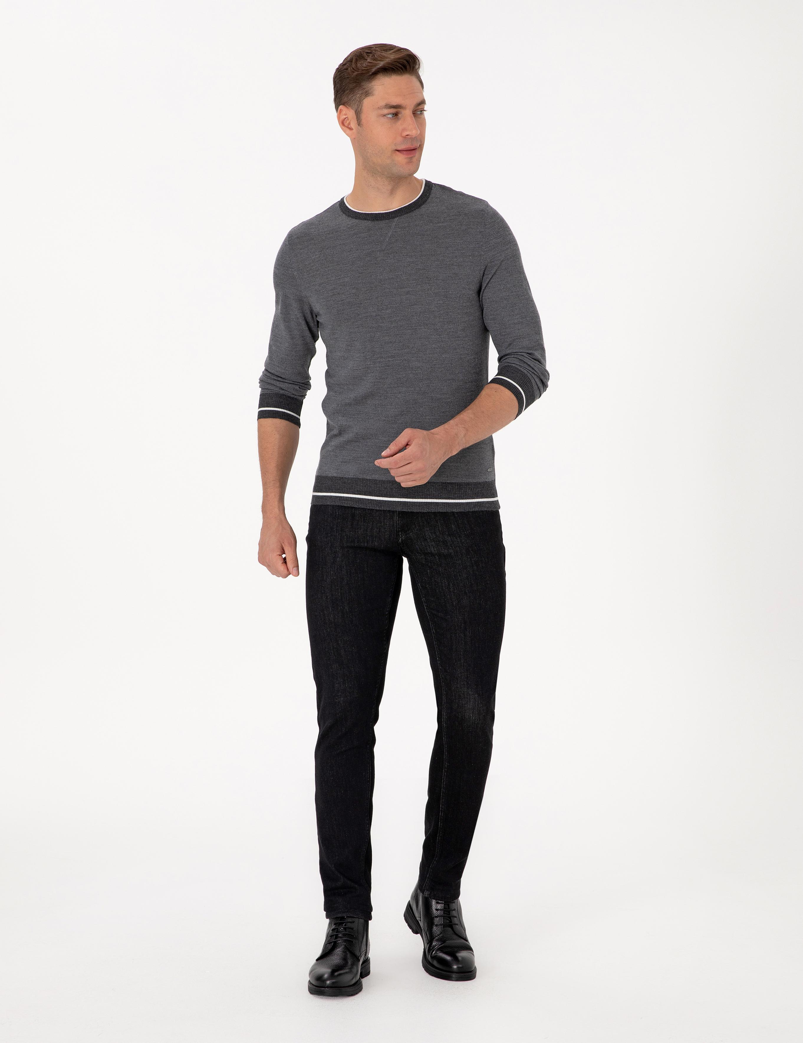 Açık Gri Melanj Slim Fit Bisiklet Yaka Yün Karışımlı Triko Kazak